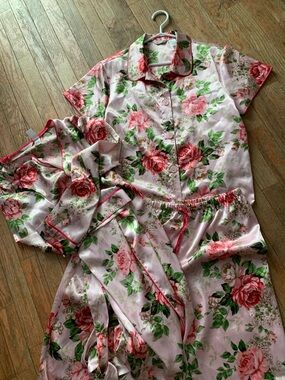 3Pc Adonna Floral Satin Pajama Set - Pink Rose Print